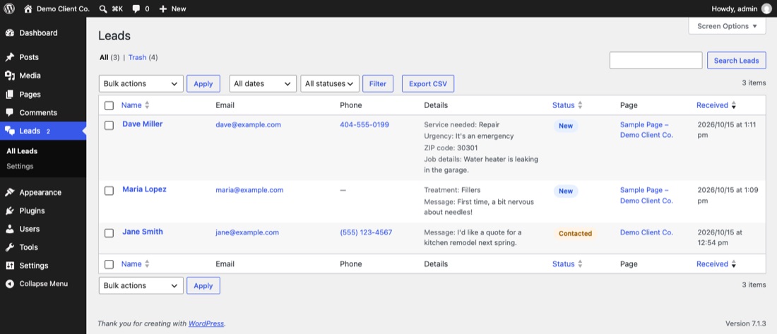 The Leads list in WordPress, showing three leads with their answers, status and date