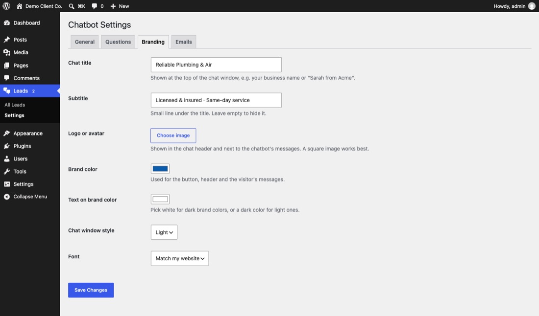 The Branding settings tab with chat title, logo and color options