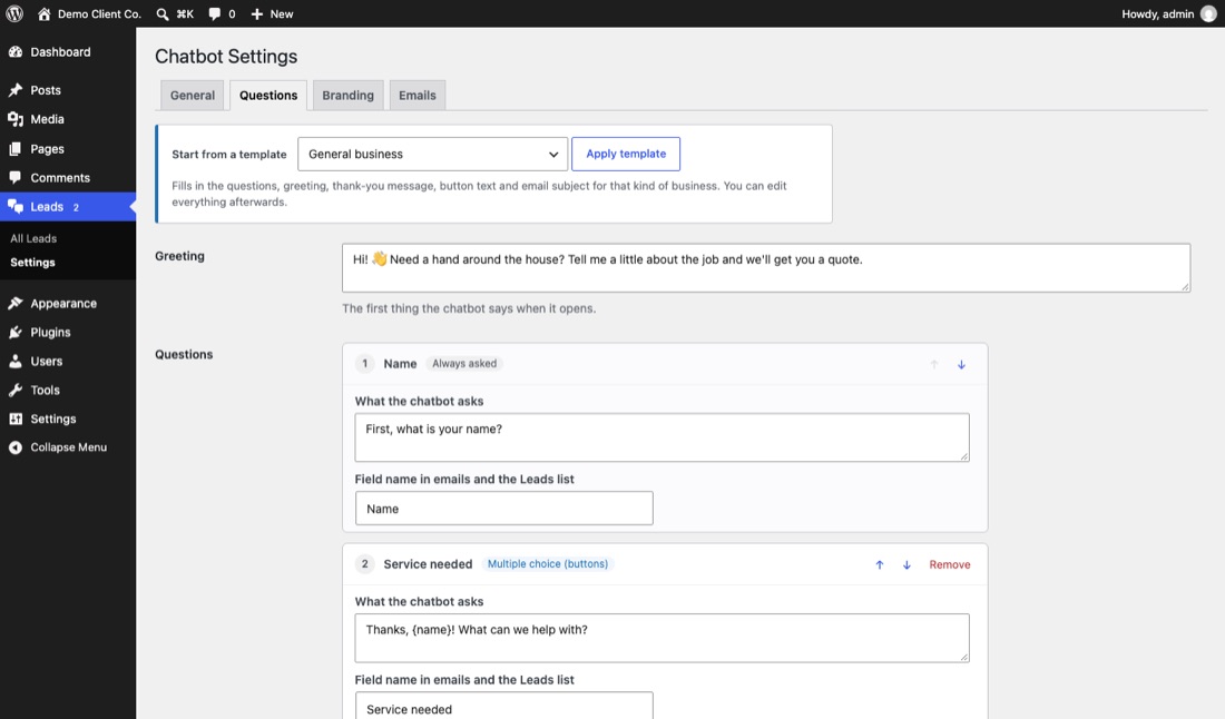 The Questions settings tab with a template picker and editable question cards